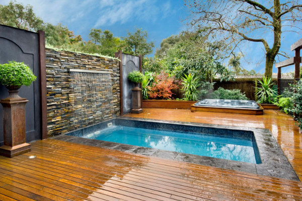 Backyard deck with a small pool, stone wall, and lush tropical landscaping