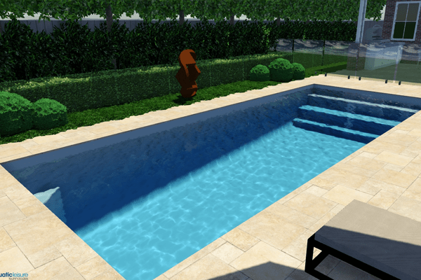 Rectangular backyard swimming pool with blue water, beige stone deck, and green hedges along the edge