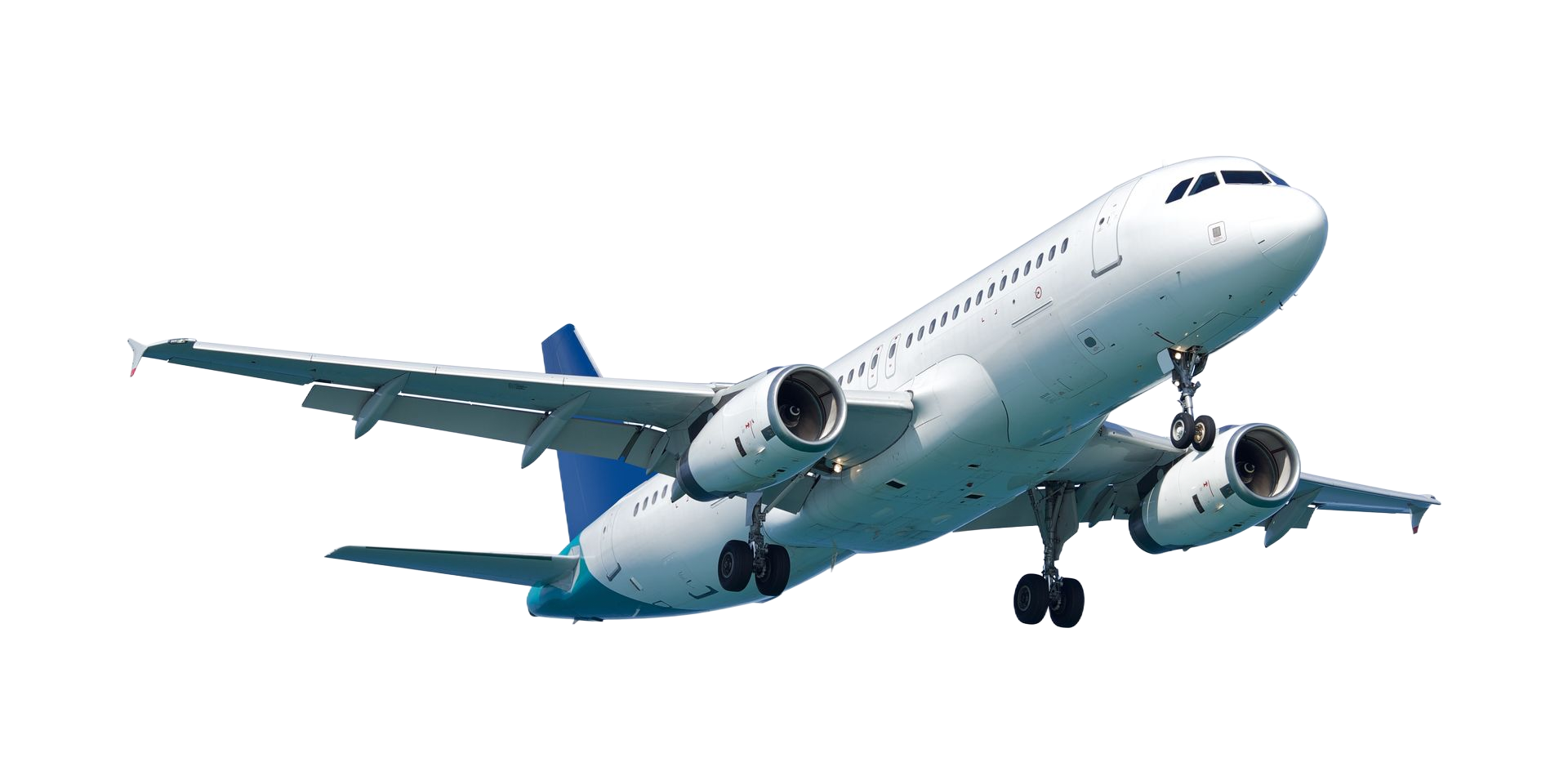 White commercial airplane in flight, blue tail and wing accents.