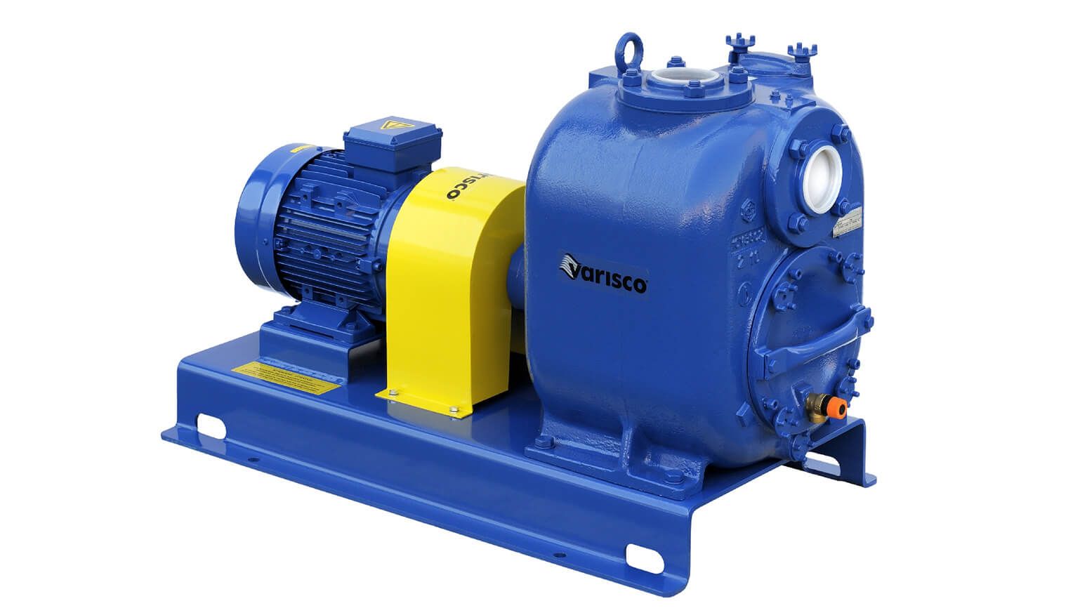 Pompa dell'acqua blu e gialla su base metallica con motore elettrico, ambientata in studio.