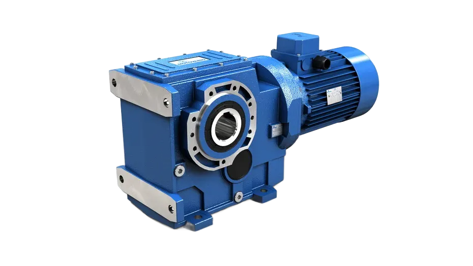 Riduttore industriale blu con motore elettrico collegato.