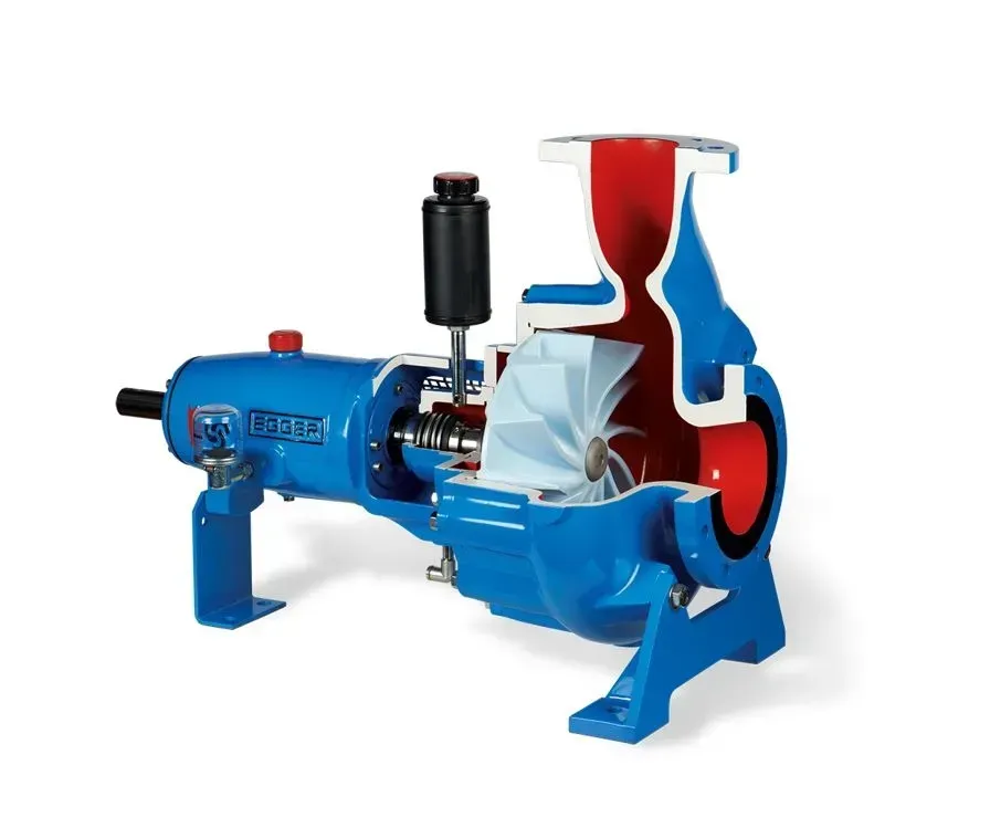 Vista in sezione di una pompa centrifuga blu con interno rosso. È visibile una girante bianca.