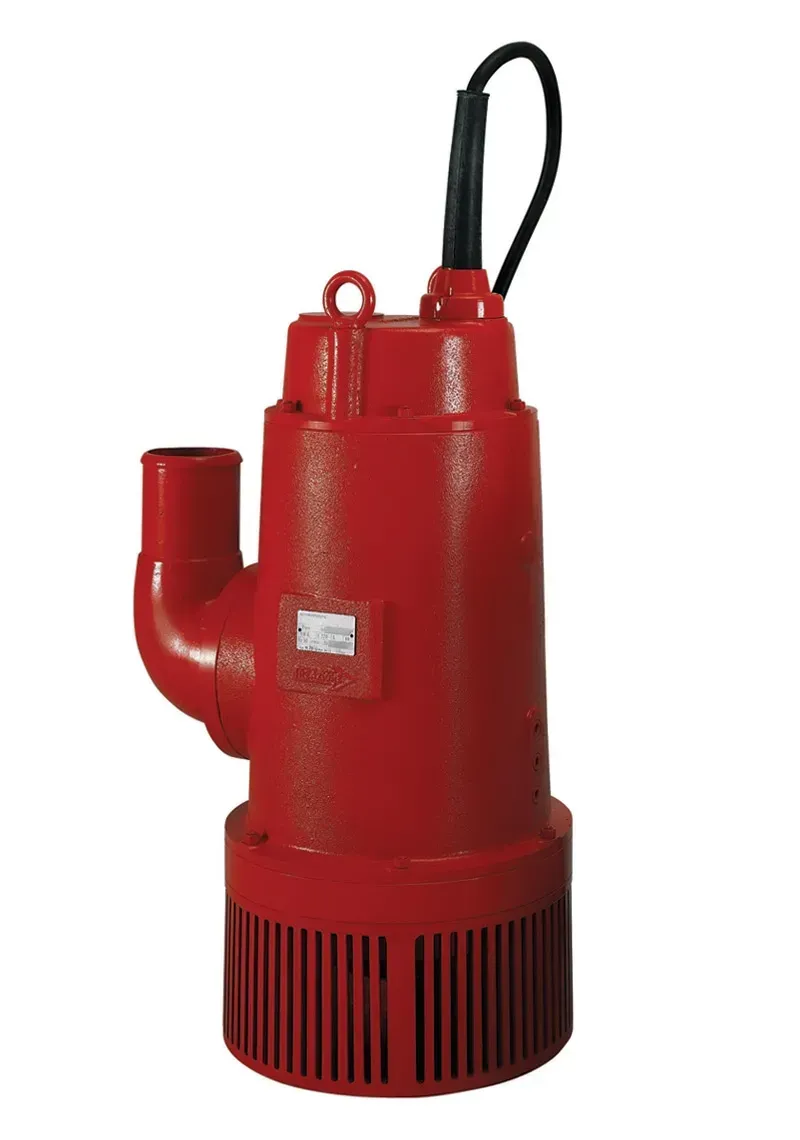 Pompa sommergibile rossa con uscita curva e cavo di alimentazione.