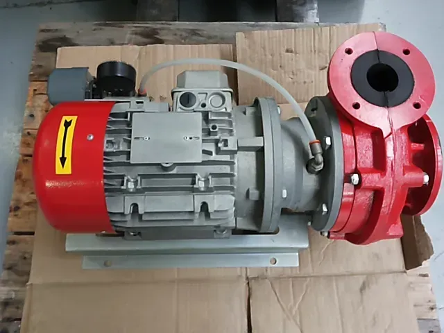 Pompa industriale rossa e grigia con motore elettrico, montata su piastra metallica.