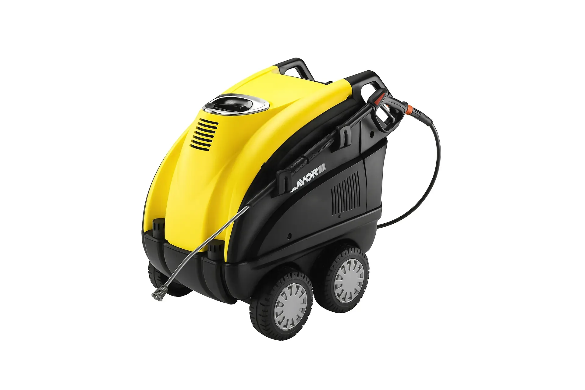Idropulitrice gialla e nera con due ruote e un ugello.