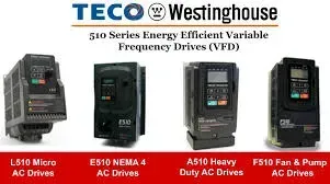 Convertitori di frequenza TECO Westinghouse serie 510: modelli L510, E510, A510 e F510.