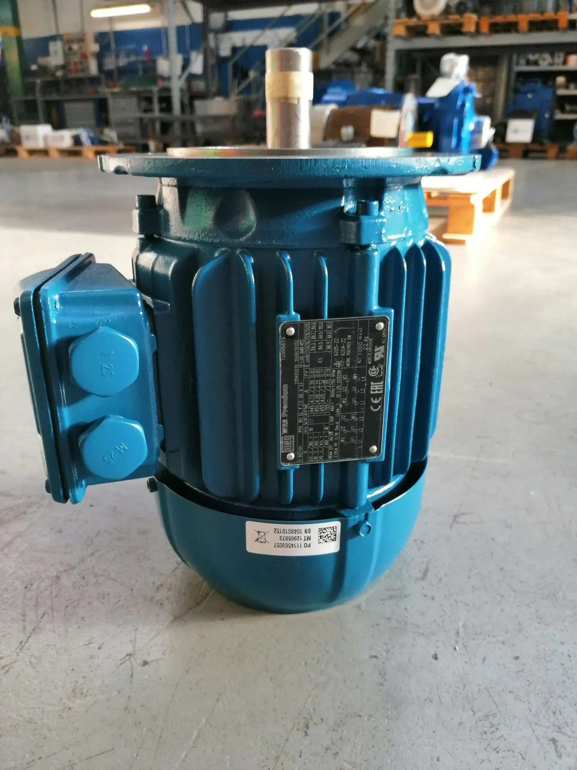 Motore elettrico blu con etichetta e scatola di derivazione, in configurazione di fabbrica.