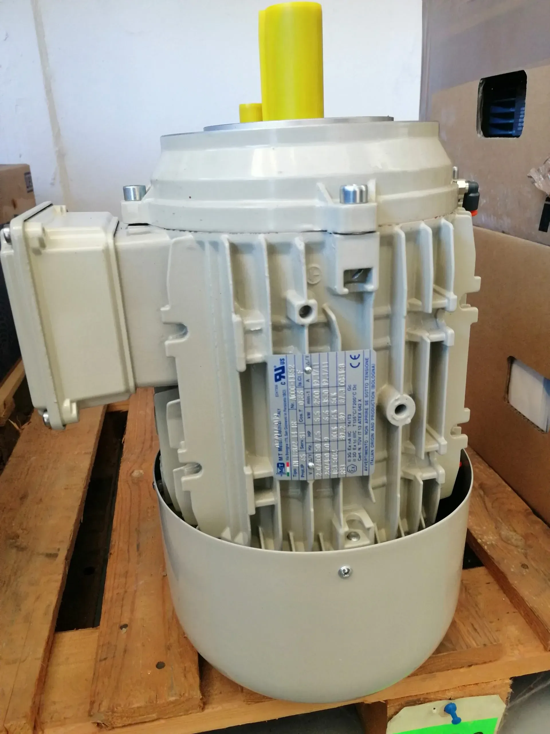 Motore elettrico con involucro grigio chiaro e tappo giallo, appoggiato su un pallet di legno.