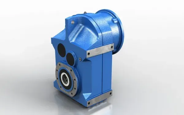 Scatola del cambio industriale blu su una superficie bianca.