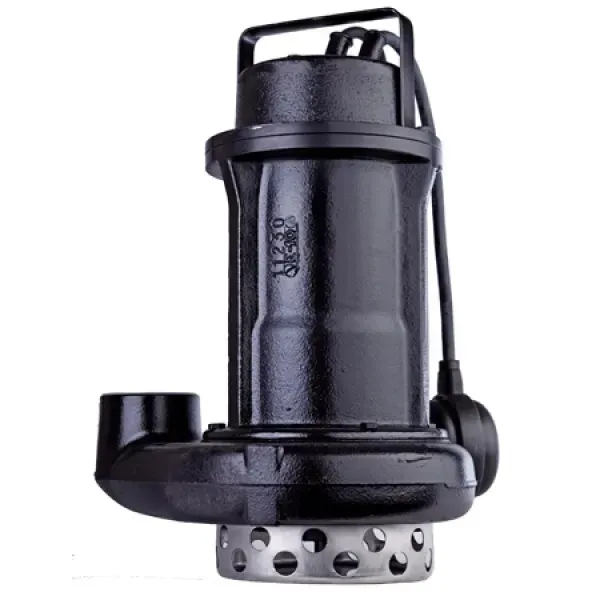 Pompa sommergibile nera con maniglia e base forata.