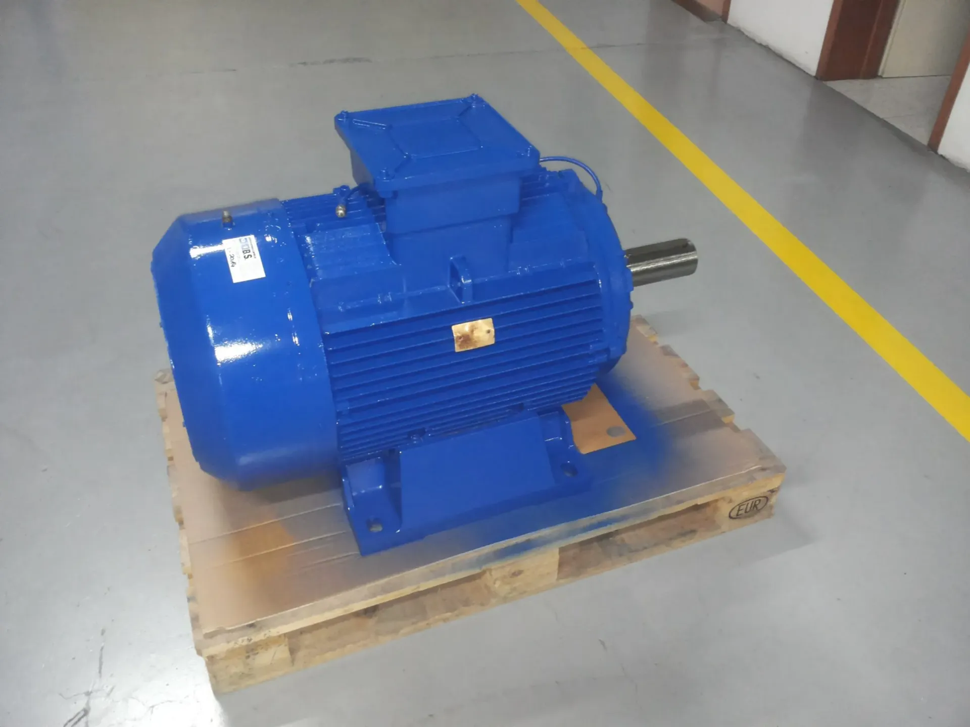 Motore elettrico blu su un pallet di legno in un magazzino con una linea gialla sul pavimento.