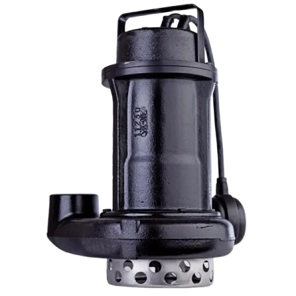 Pompa sommersa nera con maniglia e cavo di alimentazione.