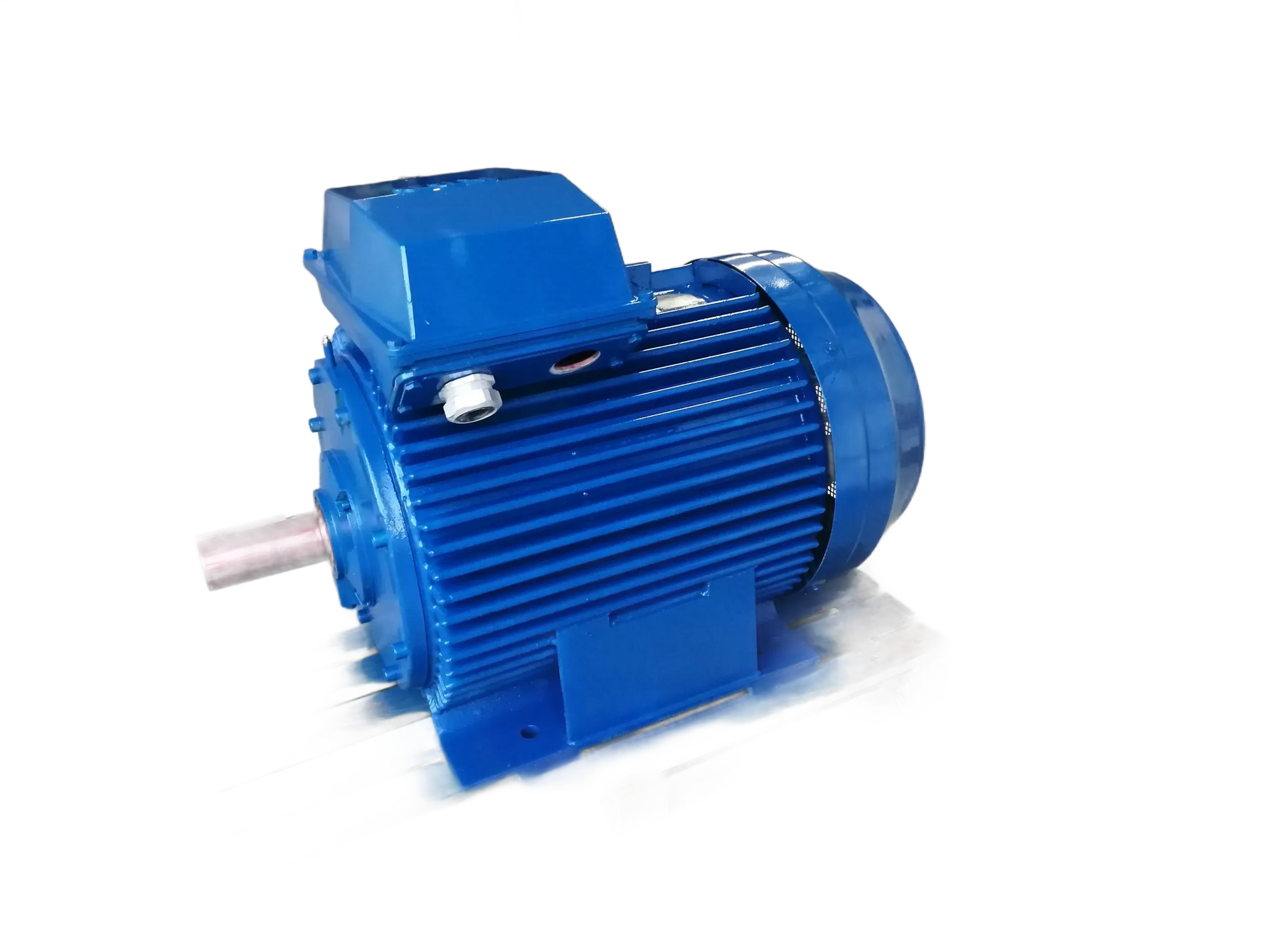 Motore elettrico blu con alette di raffreddamento, albero e morsettiera.