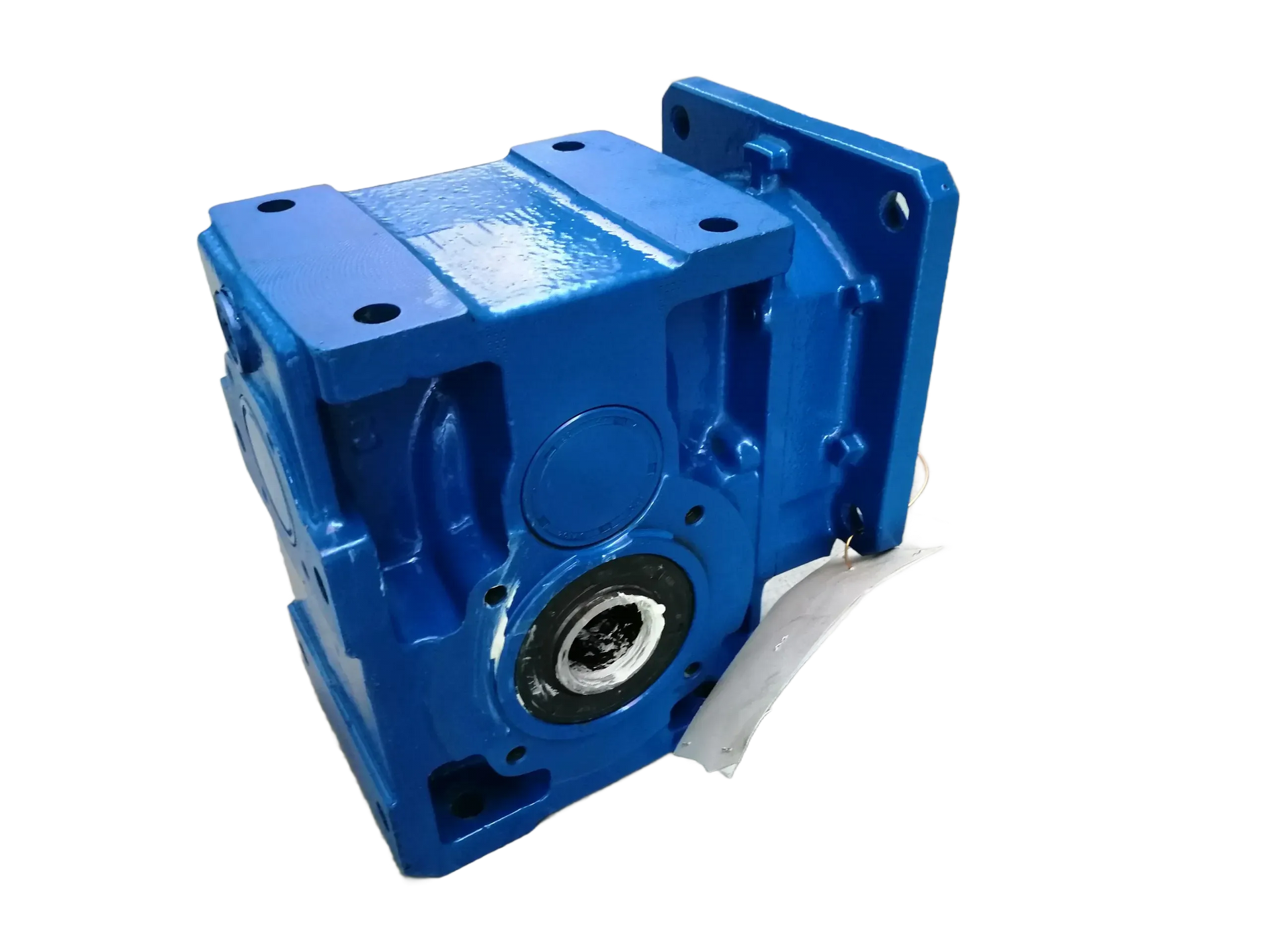 Riduttore industriale blu di forma rettangolare con flangia.