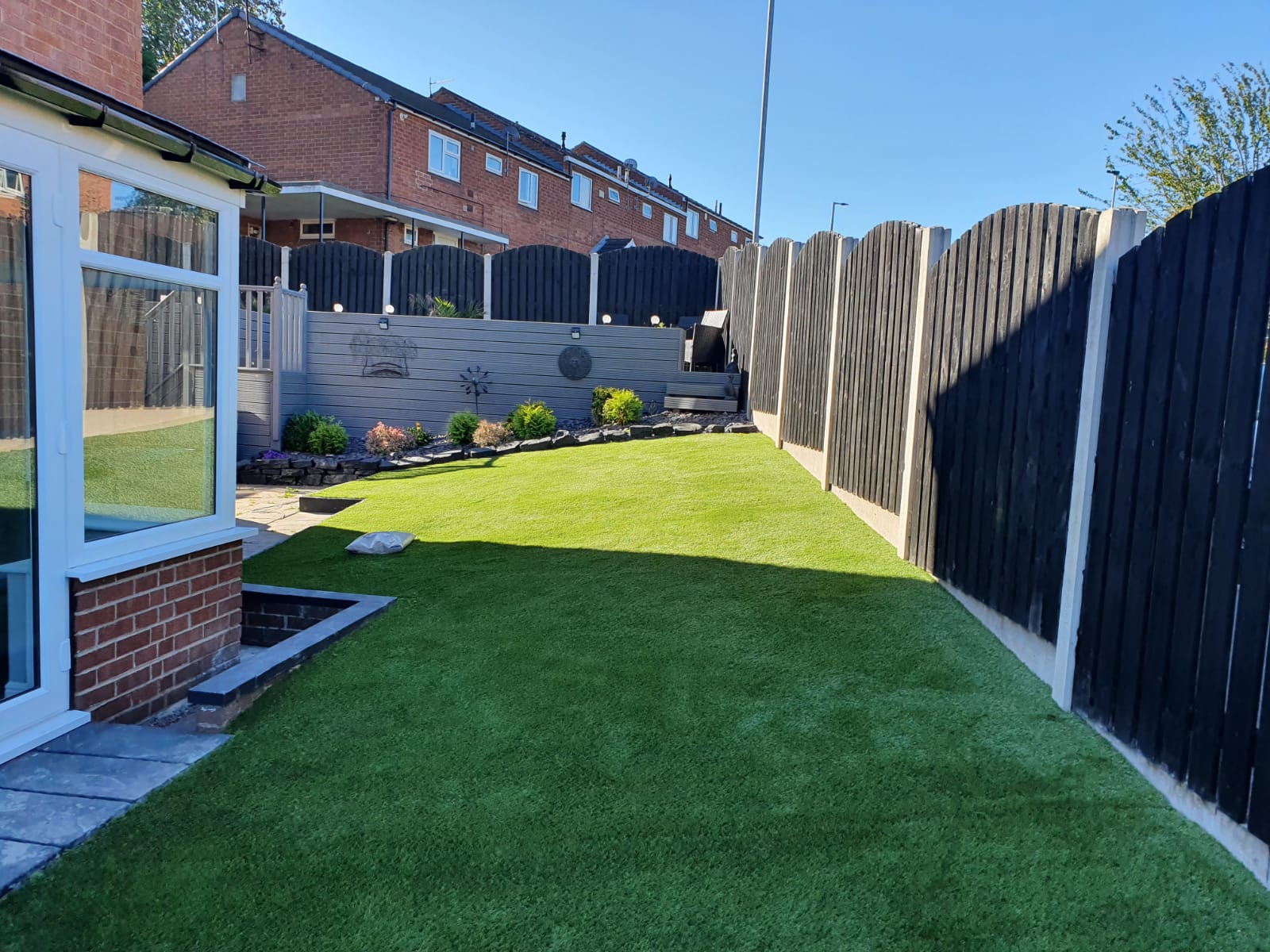 The finished artificial grass lawn in a Doncaster back garden