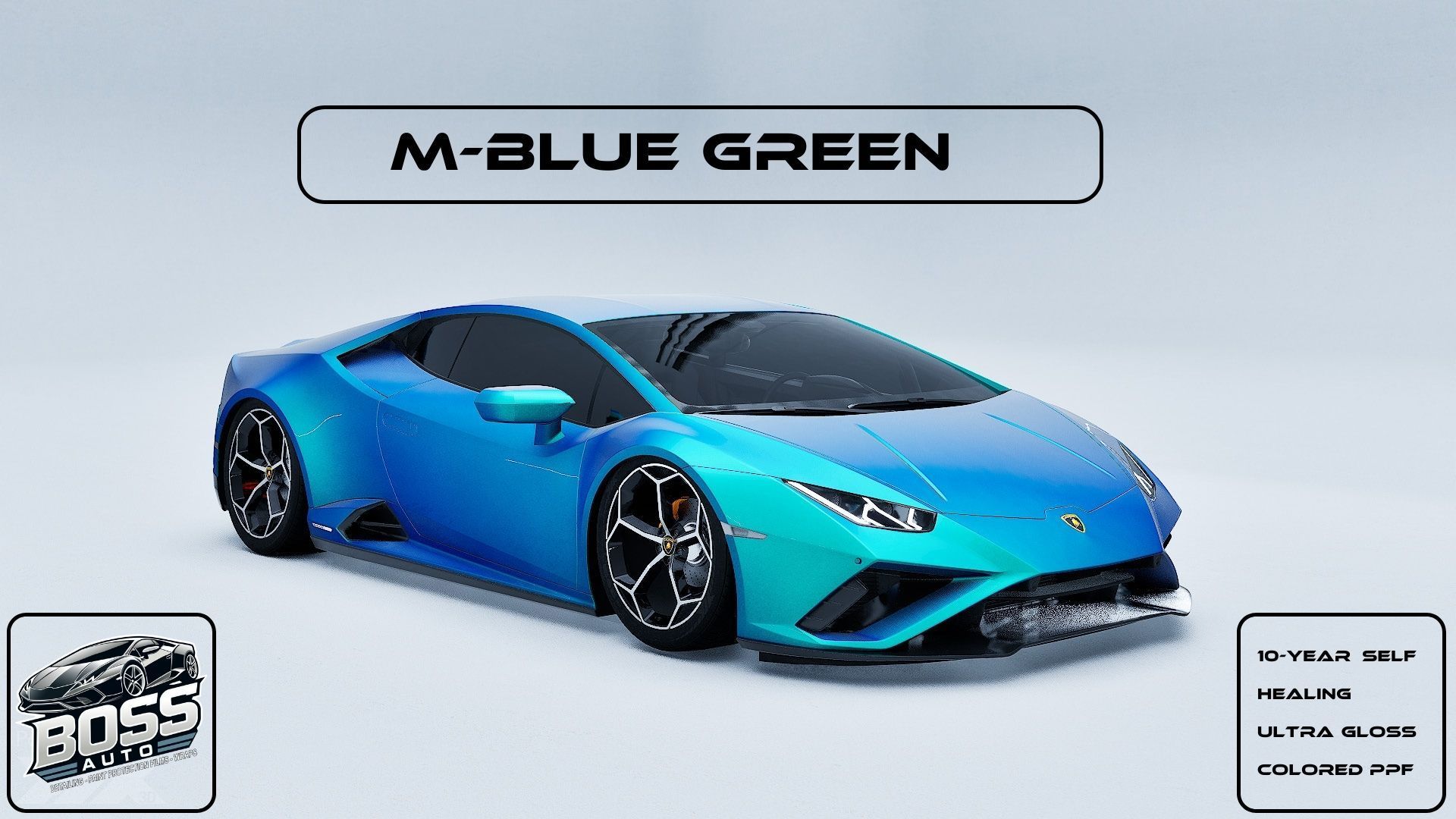 A blue and green lamborghini is sitting on a white surface.