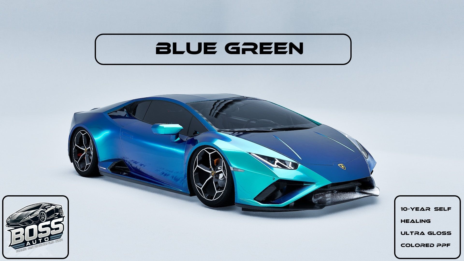 A blue and green lamborghini huracan is on a white background.