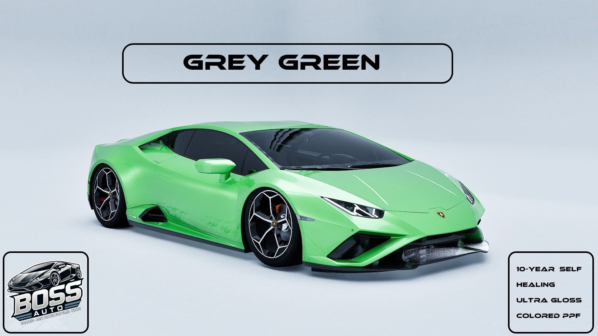 A green lamborghini huracan is sitting on a white surface.