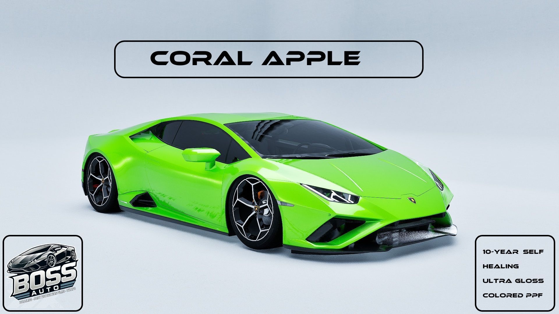 A neon green lamborghini huracan is on a white background.