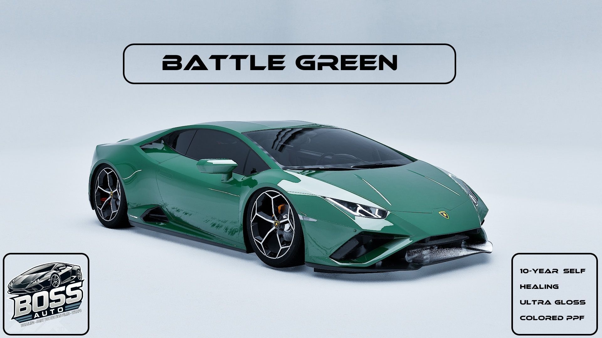A green lamborghini huracan is sitting on a white surface.