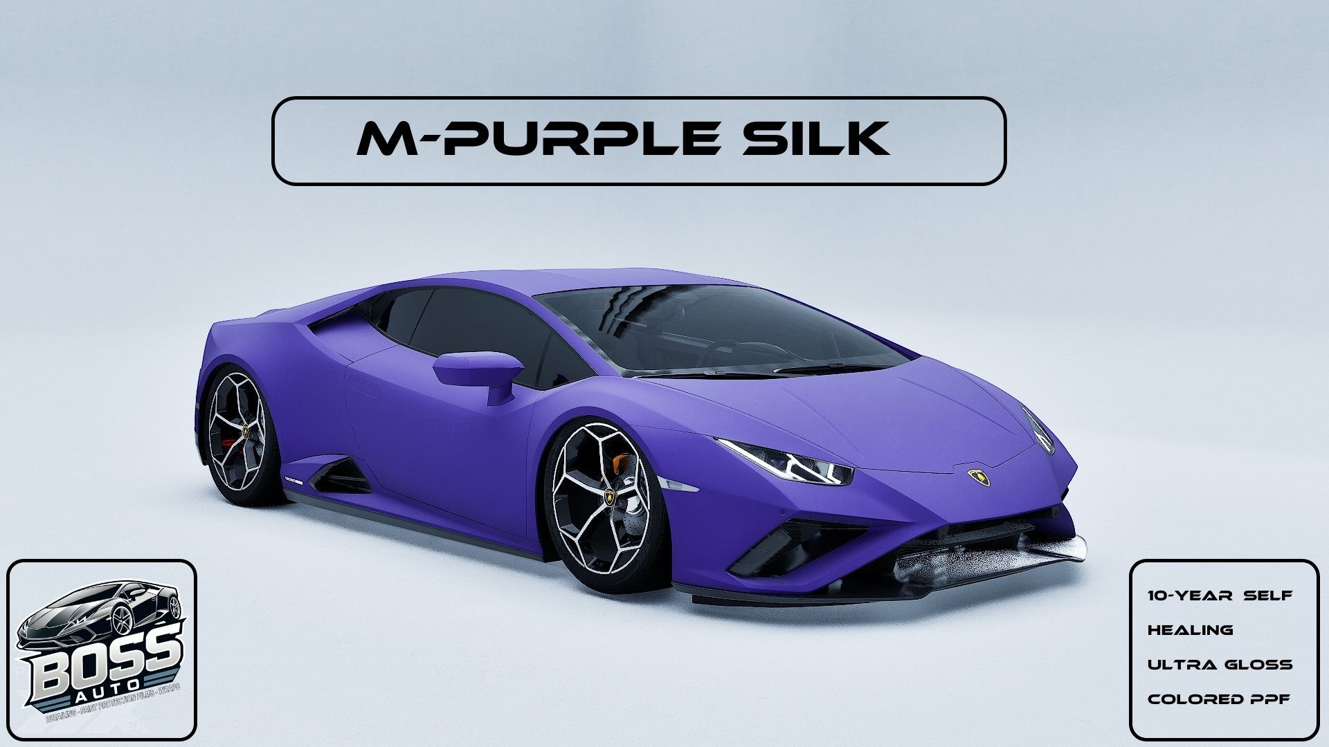 A purple lamborghini is sitting on a white surface.
