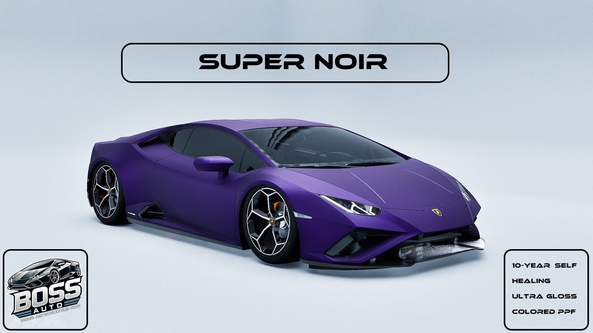 A purple lamborghini with the word super noir on it