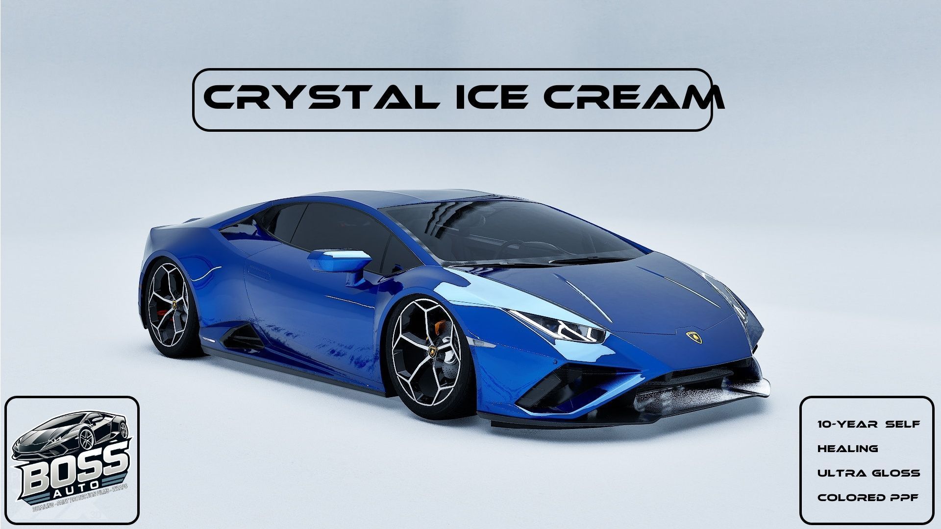 A blue lamborghini with the words crystal ice cream on it