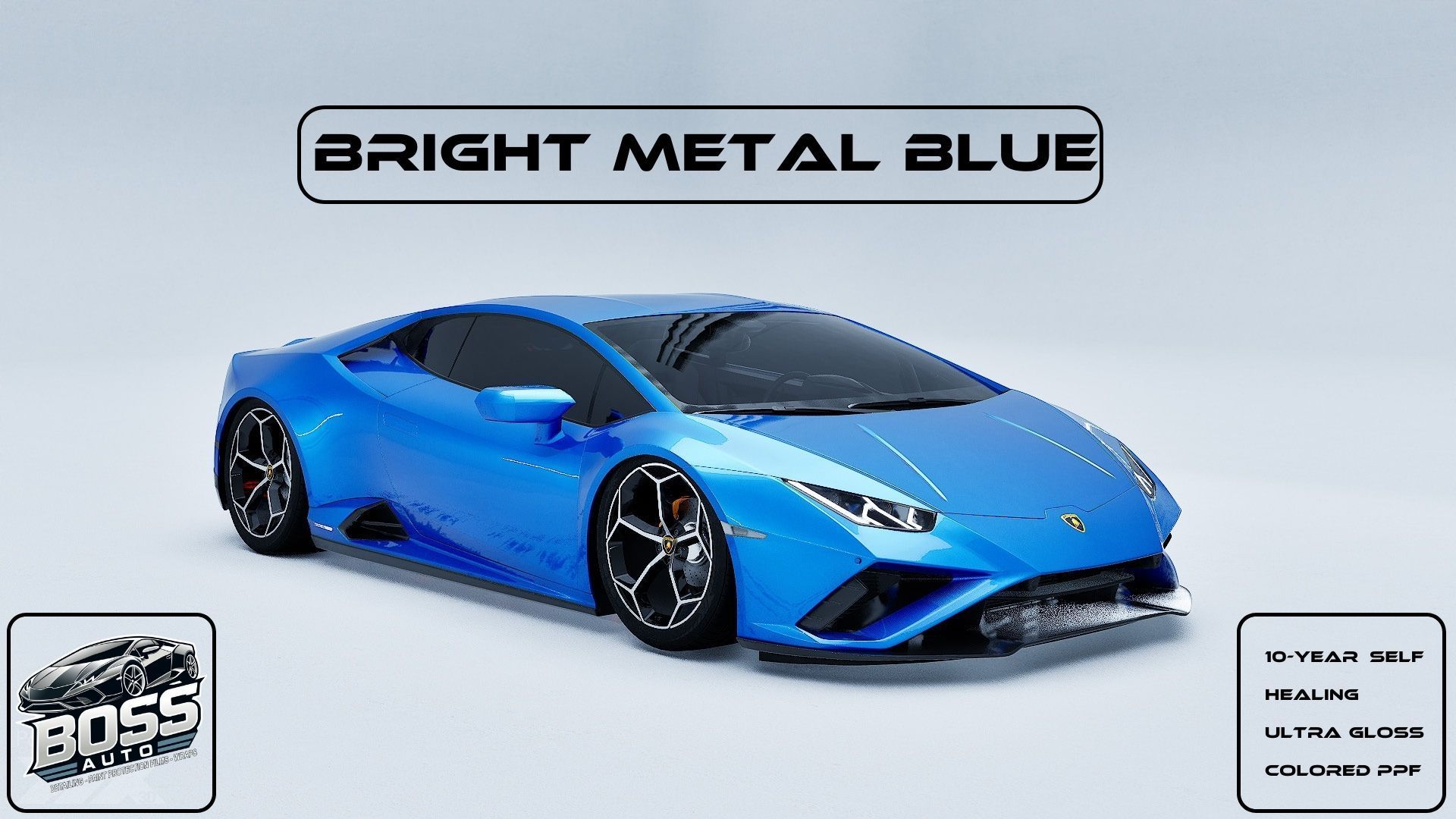 A bright metal blue lamborghini huracan is on a white background.