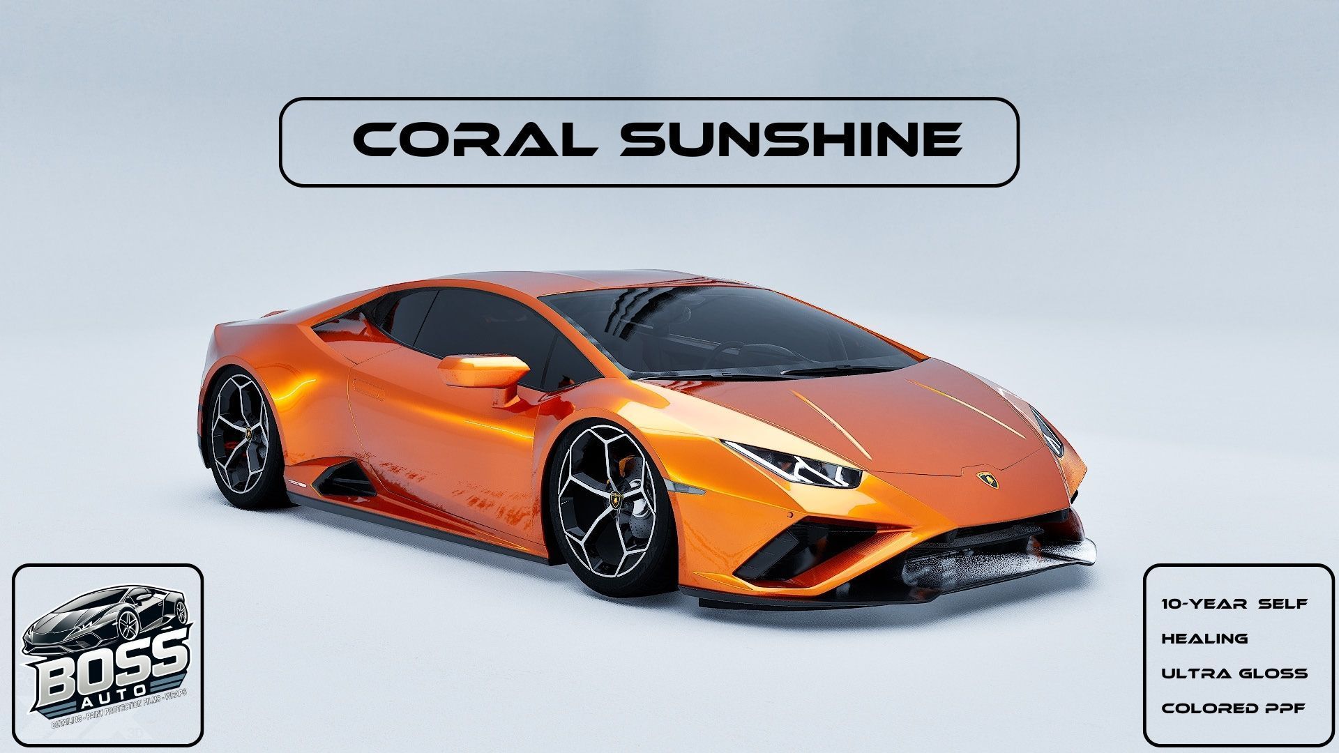 A picture of a lamborghini huracan in coral sunshine paint.