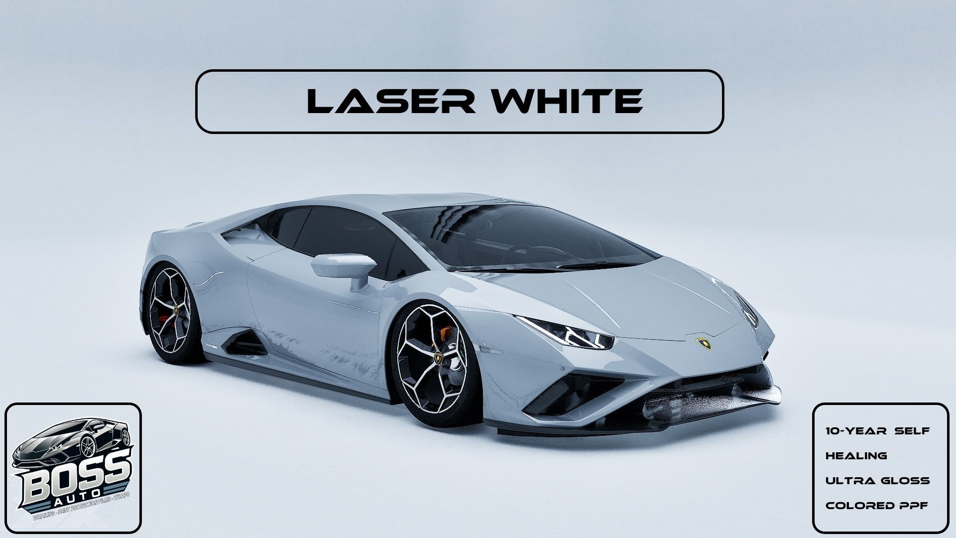 A white lamborghini huracan is sitting on a white surface.