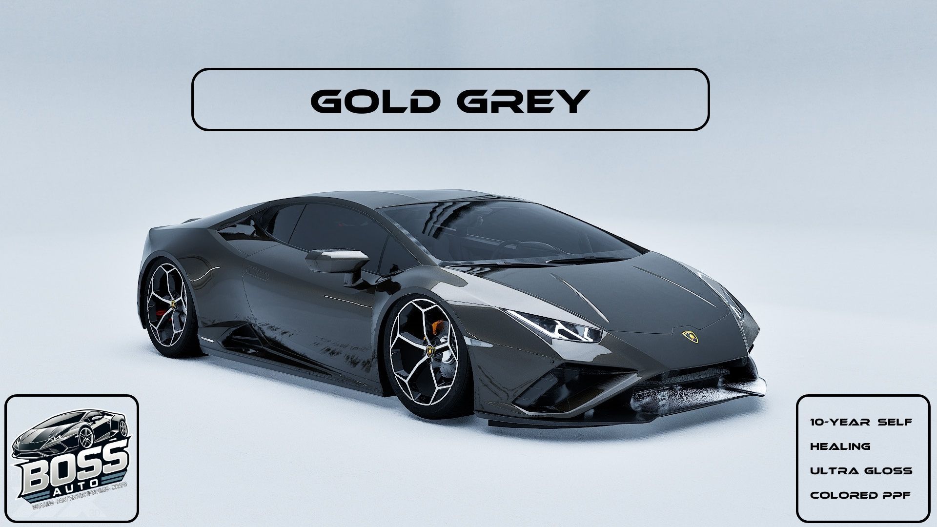 A gold grey lamborghini huracan is shown on a white background.