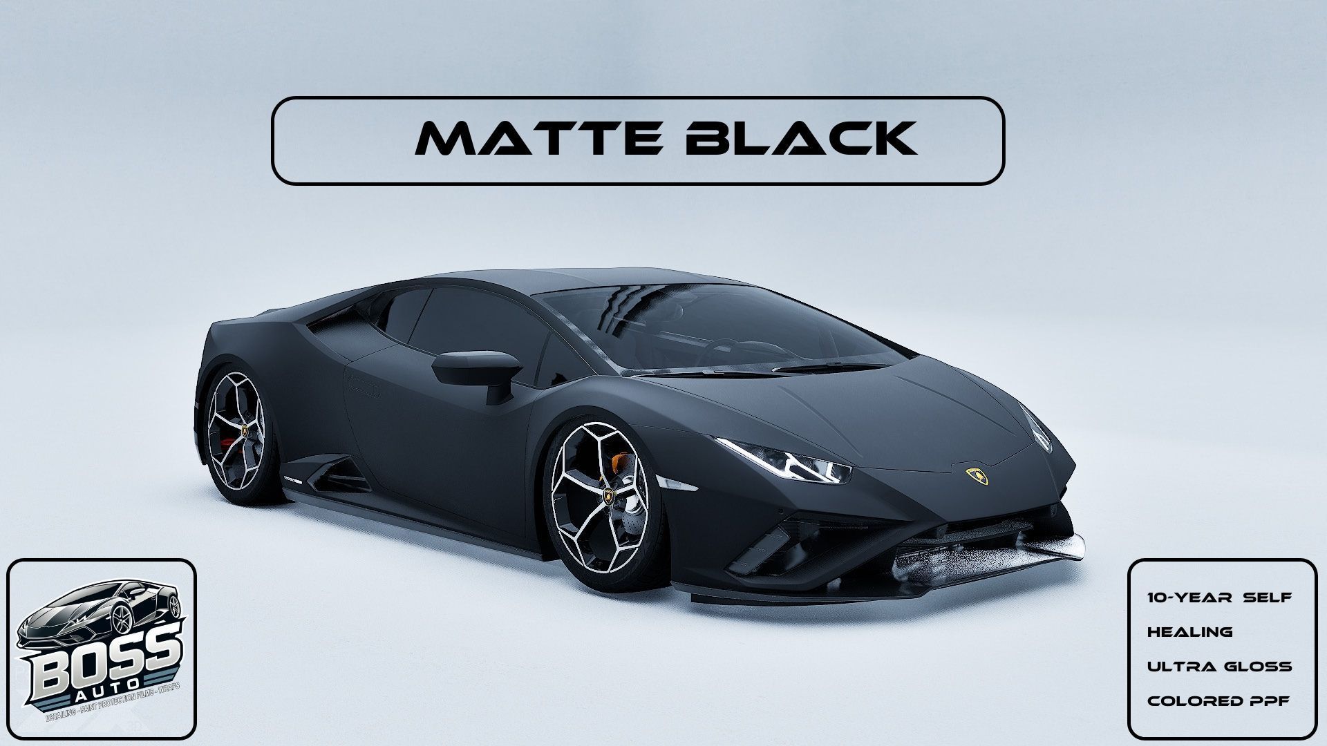 A matte black lamborghini is sitting on a white surface.
