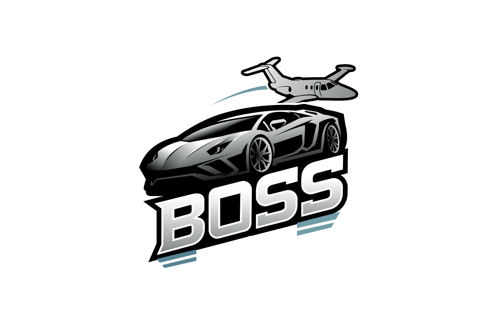 A black and white logo for a car company with a plane flying over it.