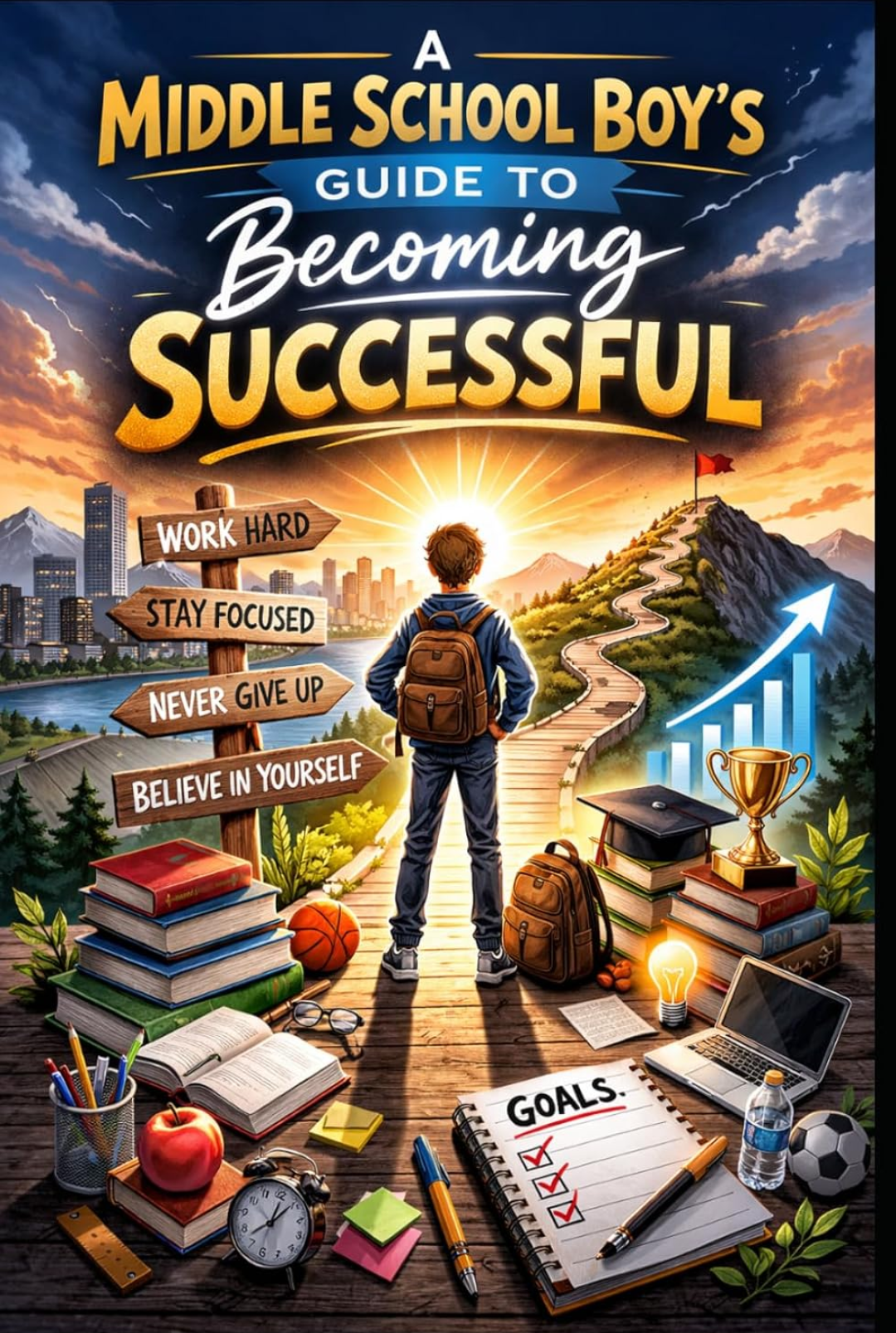 Book cover with boy on mountain trail at sunrise, titled “A Middle School Boy’s Guide to Becoming Successful.”