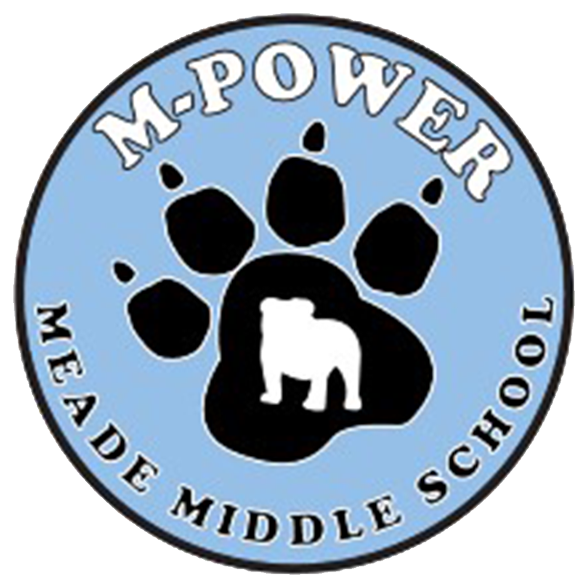 M-POWER MEADE MIDDLE SCHOOL logo with black paw print and white elephant on a light blue circle