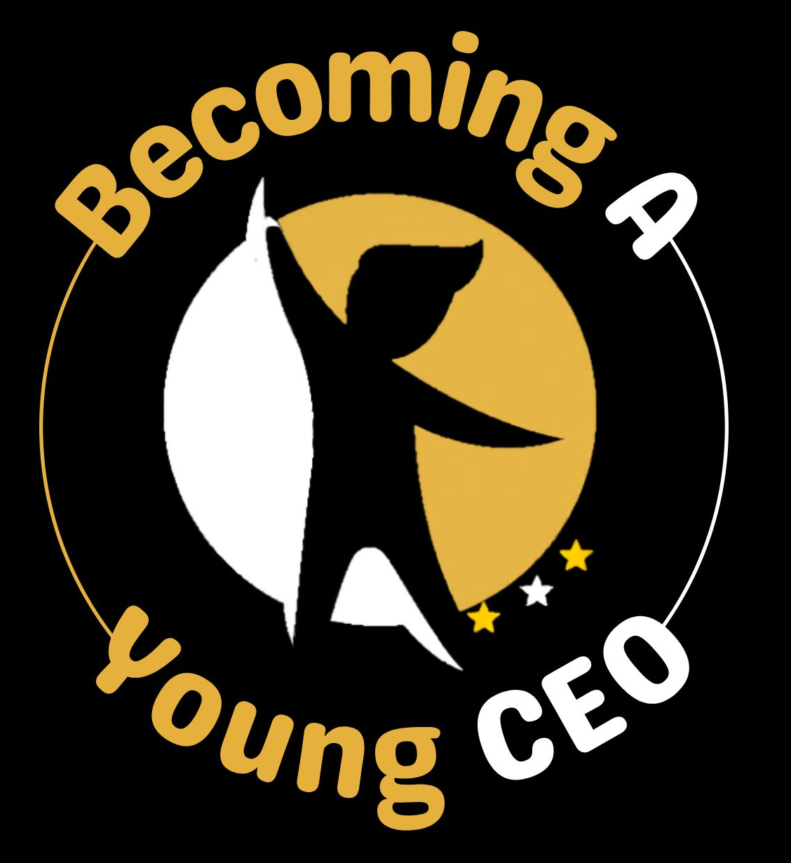 Logo with silhouetted figure and text “Becoming a Young CEO” in black, gold, and white.