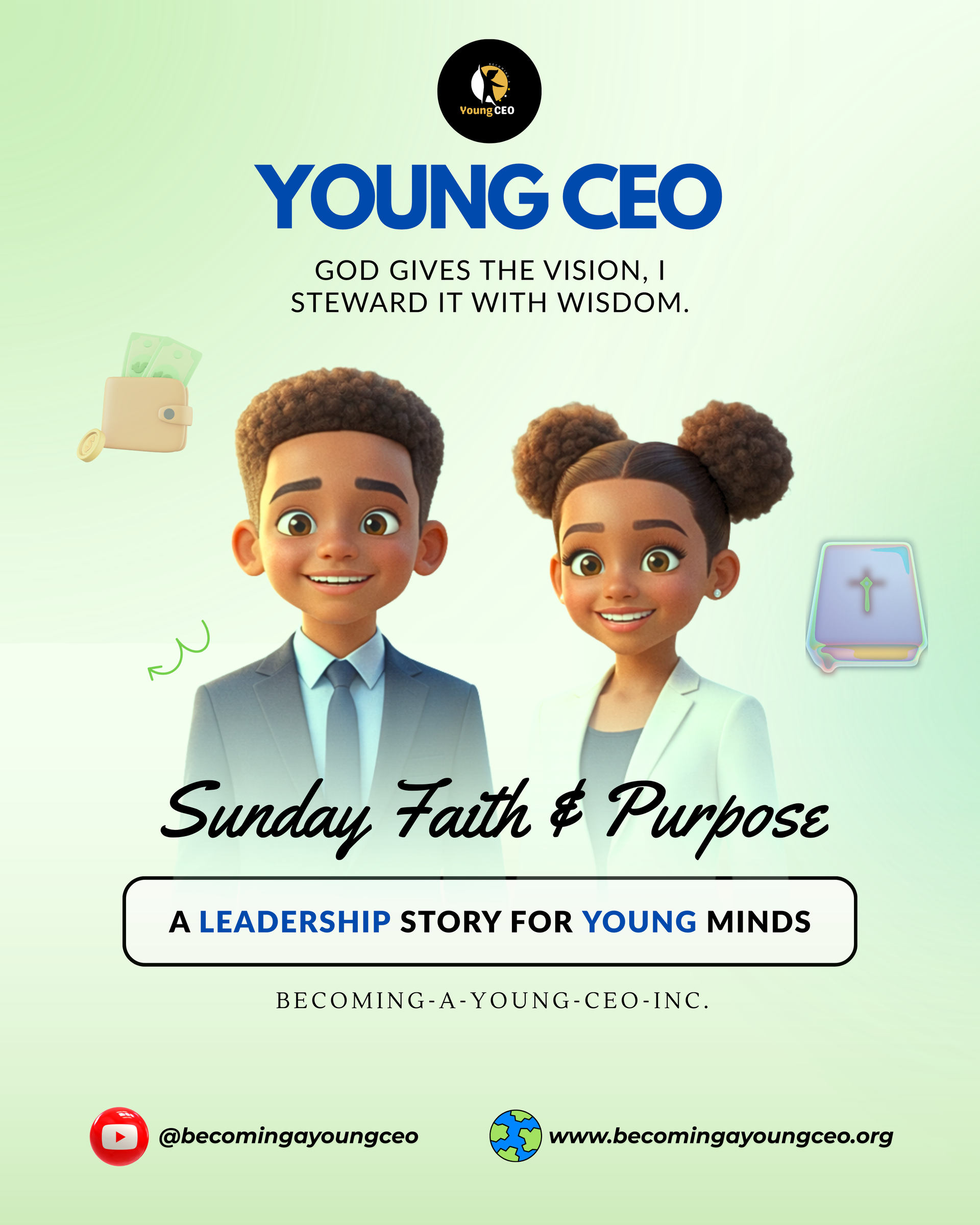 Young CEO youth event poster with smiling cartoon children, “Sunday Faith & Purpose” leadership story theme.