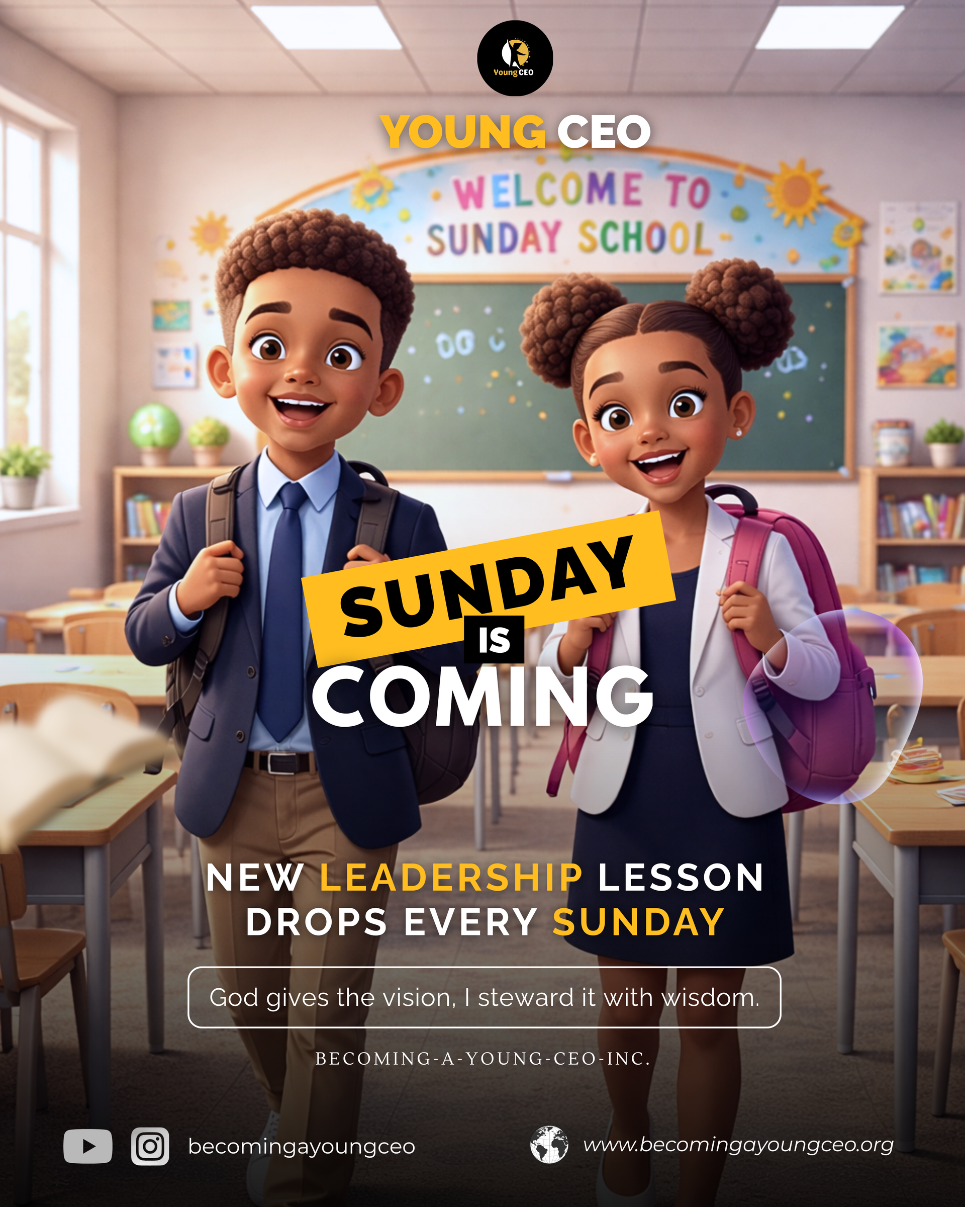 Two smiling schoolchildren in uniforms holding books in a classroom poster: “Sunday is coming”