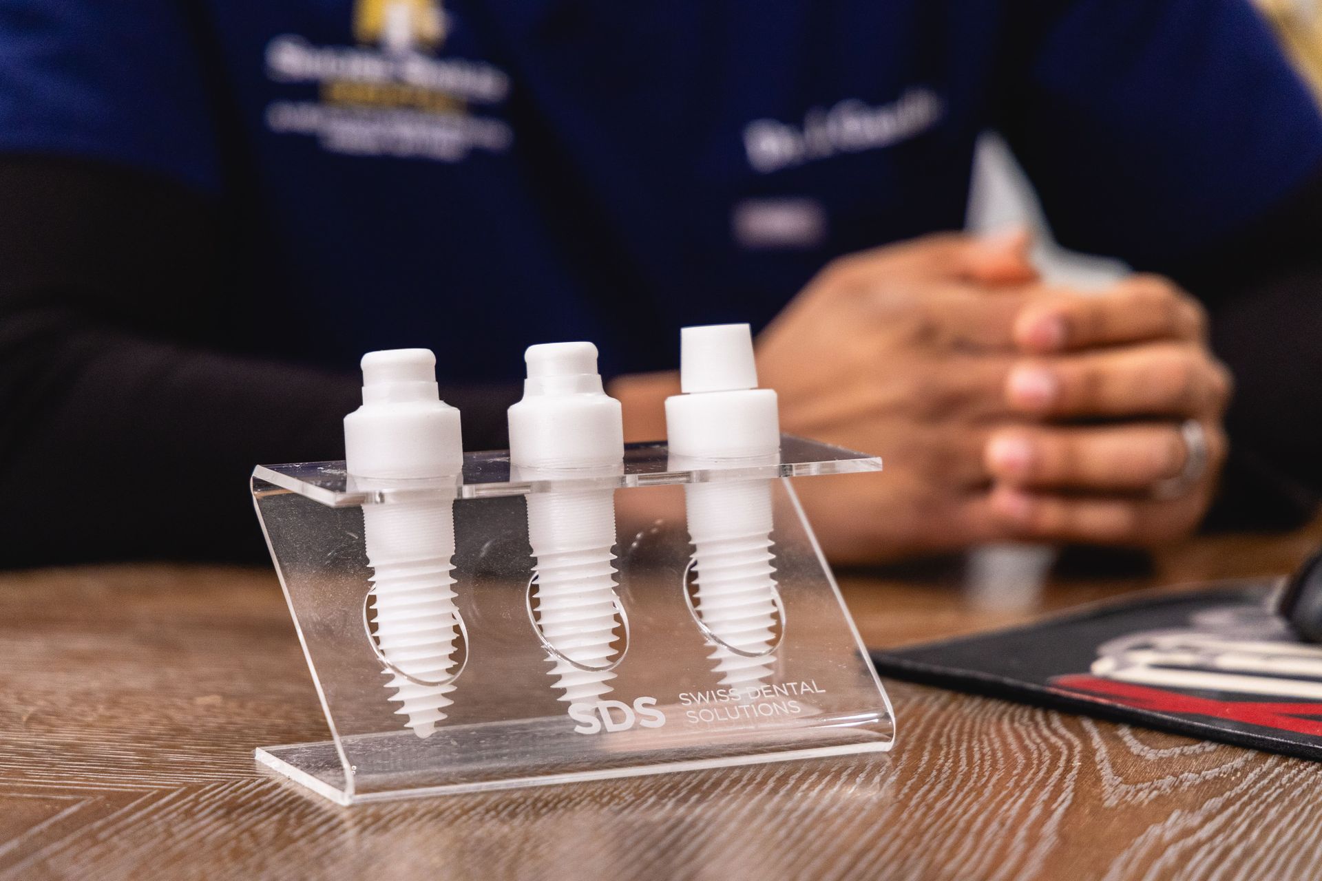 An up close image of dental implant models