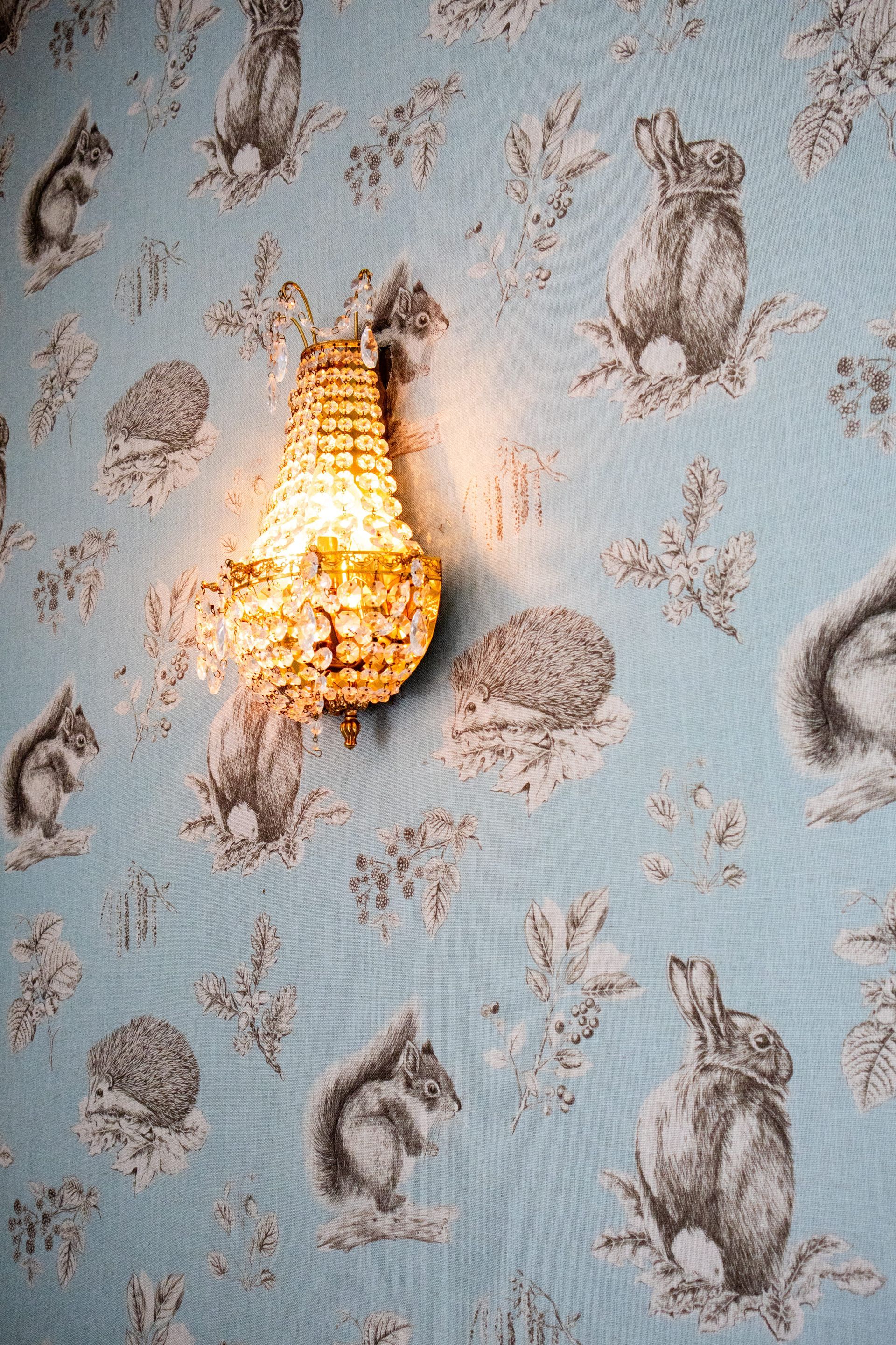 Crystal light fixture on whimsical light blue wallpaper with squirrels, hedgehogs, and rabbits.
