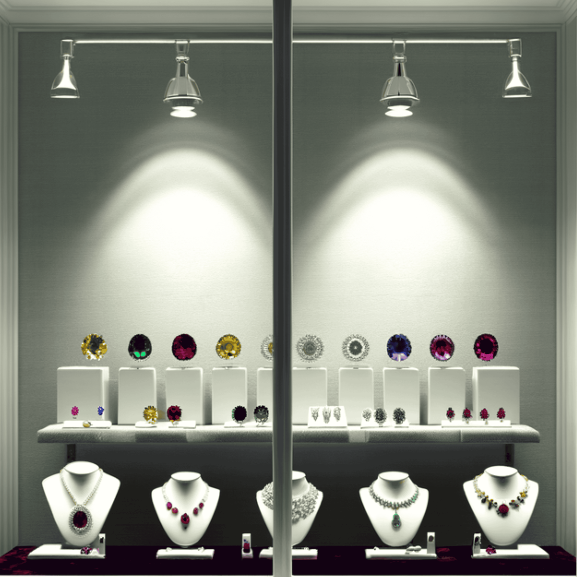Jewelry store display window showing gemstones and necklaces, lit with spotlights.