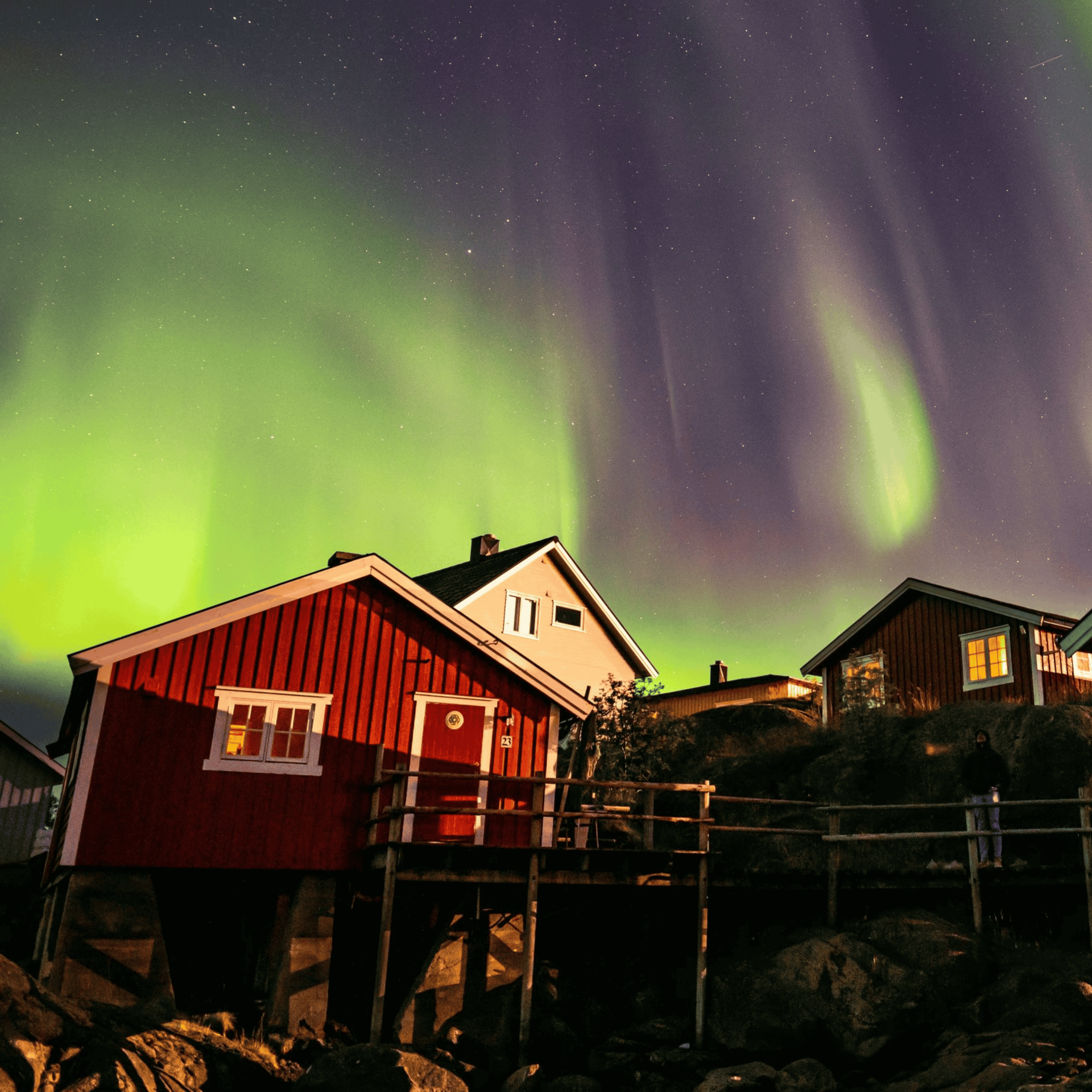Red cabins under the green and purple aurora borealis in a dark night sky.