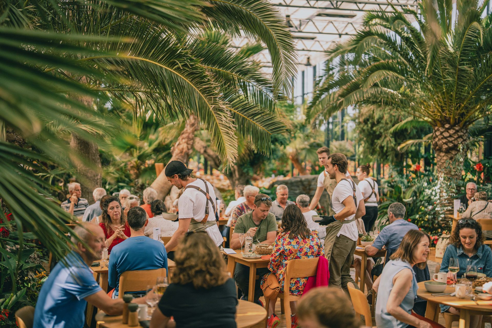 People dining at tables in a greenhouse with palm trees; servers in aprons.