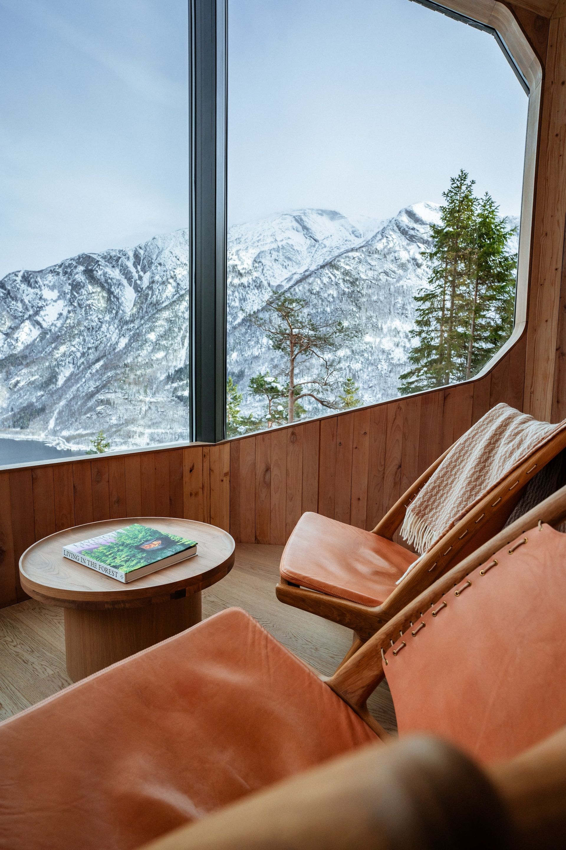 Cozy room with leather chairs and book, overlooking snow-covered mountains through a large window.