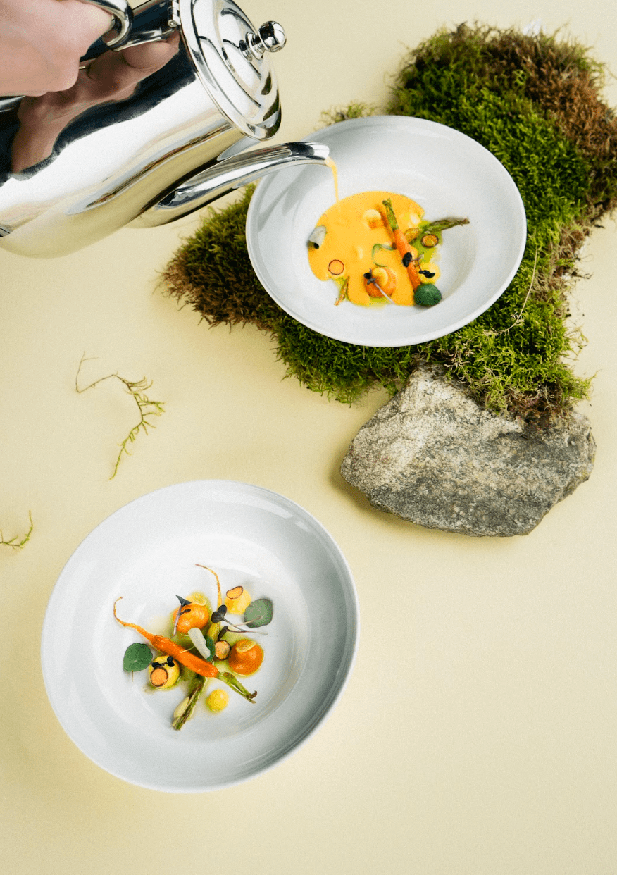Silver pot pouring orange soup into a white bowl on moss; another bowl with vegetables below.