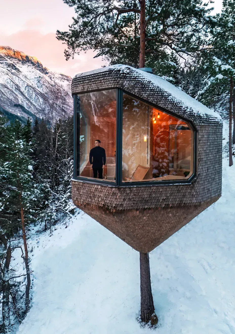 Unique treehouse cabin in snowy mountains; person inside, illuminated interior, large window.