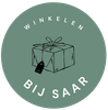 Green circle with text "WINKELEN BIJ SAAR" and a gift box illustration.