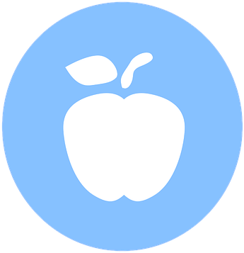 Een witte appel met twee bladeren staat in een blauwe cirkel.