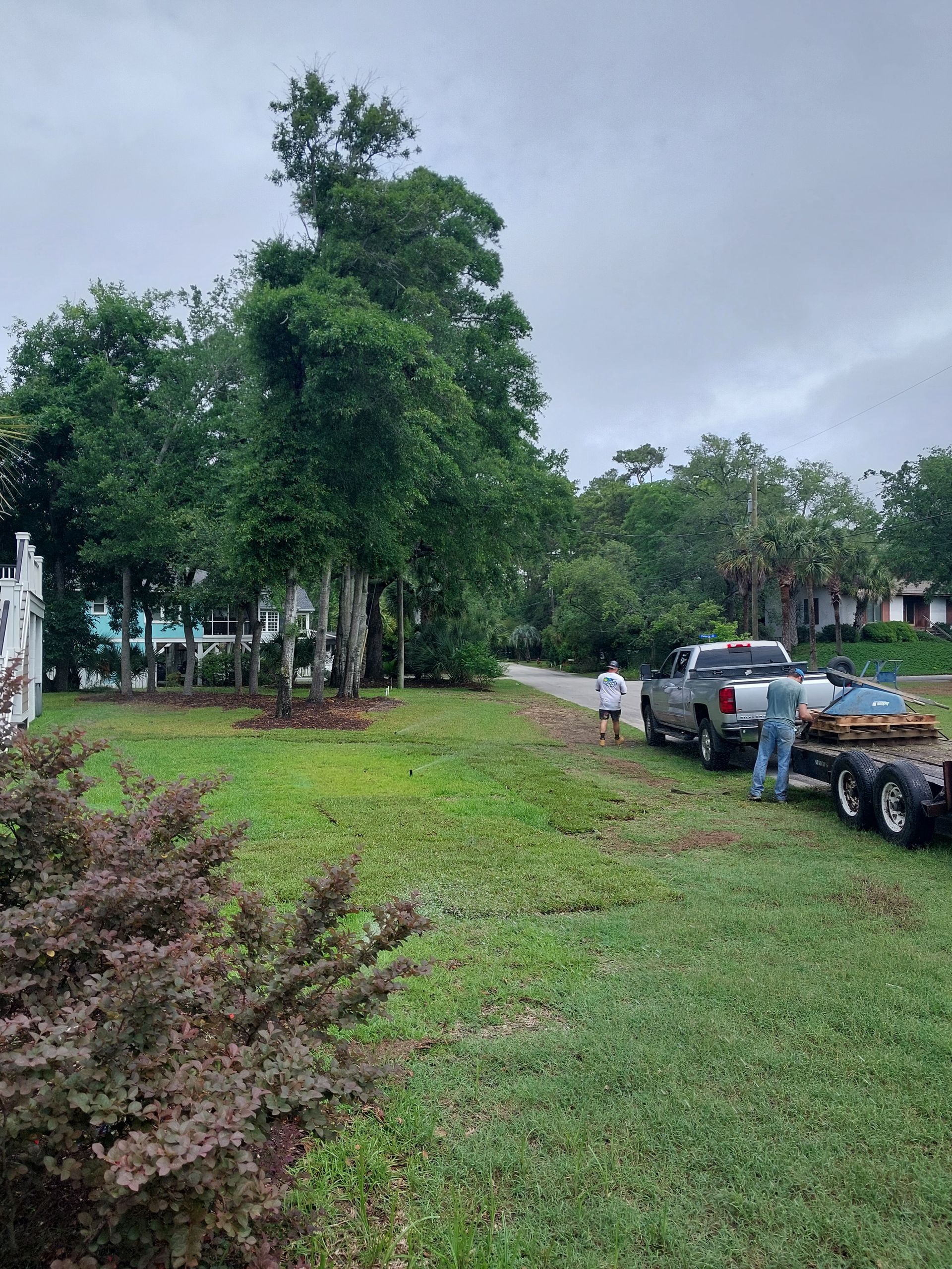 Lush green lawn with trees and people near a pickup truck and trailer; overcast sky.