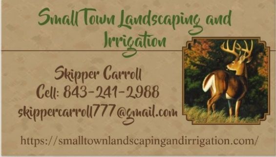 Business card for Small Town Landscaping and Irrigation, featuring a deer and contact information.